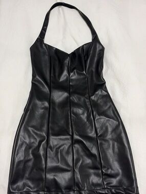 White Fox Boutique halter neck Black Faux Leather Mini Dress